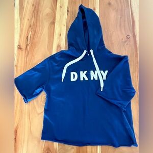 DKNY Sport Short Sleeve Blue Hoodie with White Lettering and Drawstrings Size M